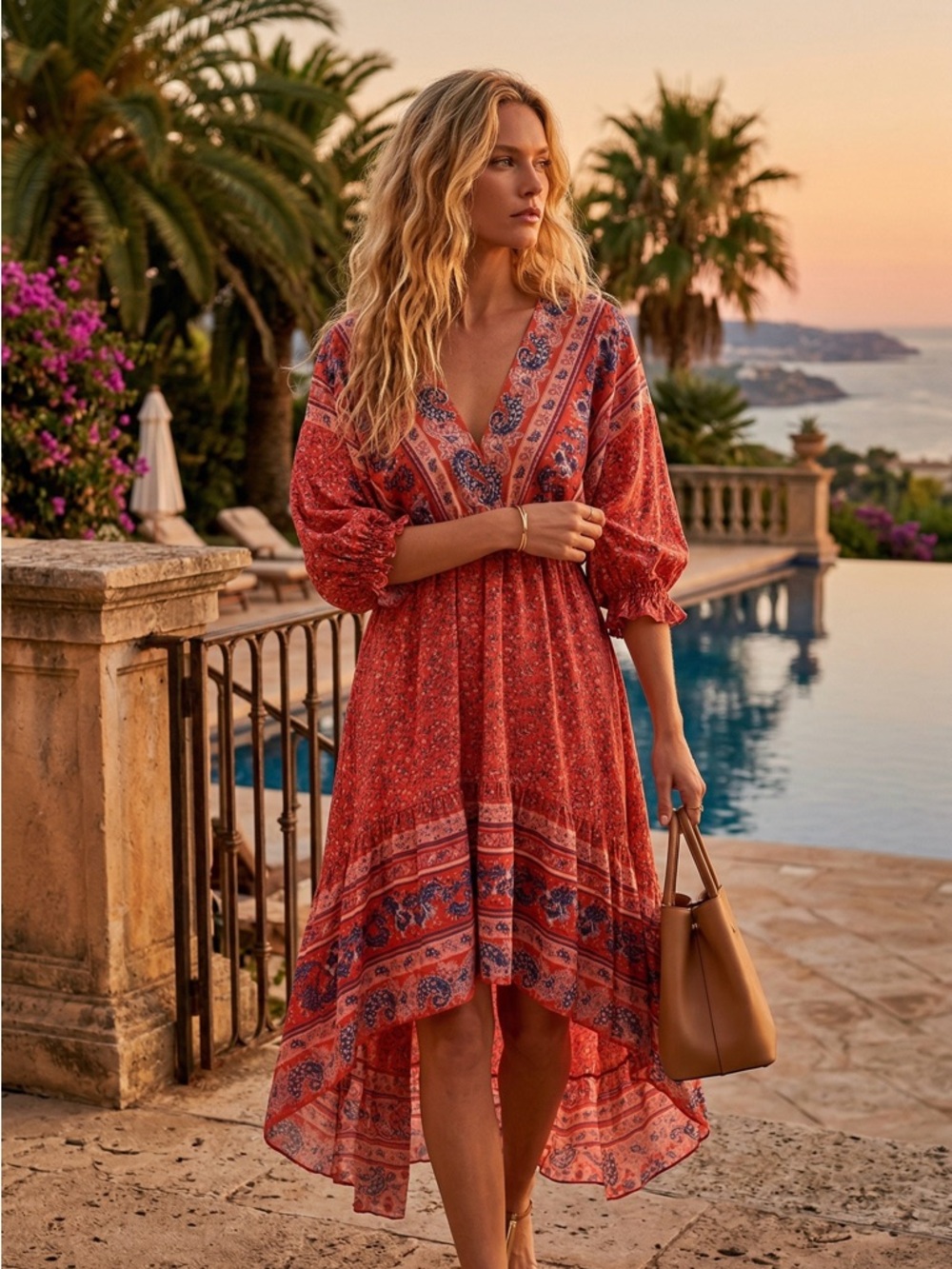 Anna-Kaci Women's Red Mixed Print Boho V-Neck High-Low Midi Dress